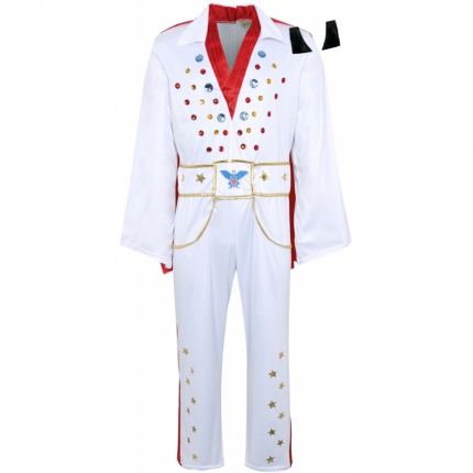 Costum carnaval barbati Elvis alb cu rosu