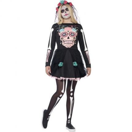 Costum Halloween adolescente rochie cu schelet colorat