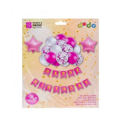 Set baloane petrecere Happy Birthday cu ghirlanda roz