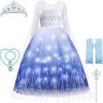 Costum carnaval fete Elsa, rochie cu lumini, bratara, colier, manusi, bagheta, coronita