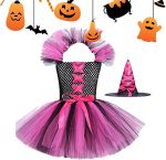 Costum fete Halloween Vrajitoare roz, cu palarie si matura - imagine 2
