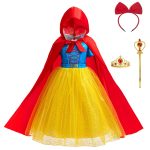 Costum carnaval fete Alba ca Zapada, pelerina cu gluga, coronita, bagheta, bentita cu funda