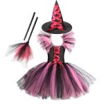 Costum fete Halloween Vrajitoare roz, cu palarie si matura