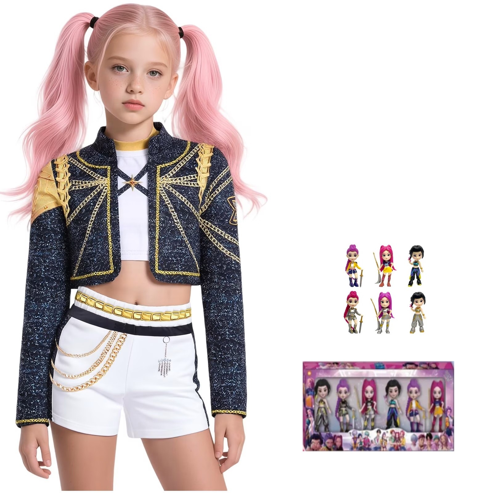 MIRA CU 6 PAPUSI Set Costum si 6 Figurine Cosplay KPop Demon Hunters, Rumi Golden, cu jacheta - imagine 1