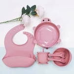 Set hranire bebelusi cu farfurie broscuta roz, cu jucarie dentitie roz, silicon, BPA free, antialergenic, cu ventuze, roz - imagine 4