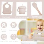 Set hranire bebelusi cu jucarie dentitie fruct roz, silicon, BPA free, antialergenic, cu ventuze, crem - imagine 5