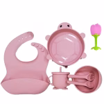 Set hranire bebelusi cu farfurie broscuta roz, cu jucarie dentitie roz, silicon, BPA free, antialergenic, cu ventuze, roz