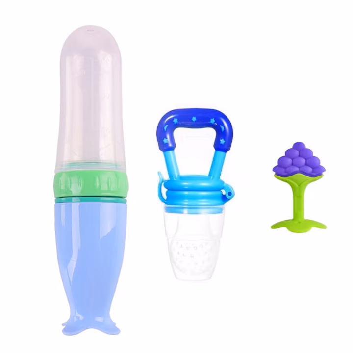 120 (1) Set hranire copii Lingurita din silicon cu rezervor pentru diversificare albastra, Suzeta pentru fructe si legume albastra, jucarie dentitie strugure, silicon - imagine 1