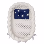 Cosulet cu perna albastra cu stelute pentru bebelusi, portabil, margini impletite Bumper, bumbac, alb