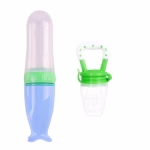 Set hranire copii Lingurita din silicon cu rezervor pentru diversificare albastra si Suzeta pentru fructe si legume, verde