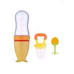 Set hranire copii Lingurita din silicon cu rezervor pentru diversificare galben, Suzeta pentru fructe si legume galben, jucarie dentitie portocala, silicon