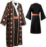 Costum Cosplay Trafalgar Law – One Piece Wano, Kimono Negru cu Haori Mov si Centura Obi - imagine 7