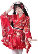 Costum Cosplay Kimono Japonez rosu cu centura - imagine 6