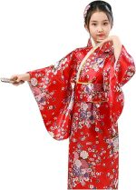 Costum Japonez Gheisa rosu cu flori pentru Fete – Kimono rosu cu Imprimeu Floral si Centura Obi - imagine 4