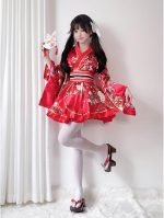 Costum Cosplay Kimono Japonez rosu cu centura - imagine 3
