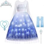 Costum fete Elsa, rochie cu lumini, bratara, colier, manusi, bagheta, coronita