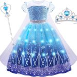 Costum carnaval fete Elsa Frozen, rochie cu lumini