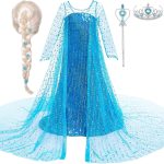 Costum fete Elsa Frozen, rochie si pelerina cu paiete, peruca, bagheta, coronita