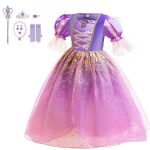 Costum fete Rapunzel, mov cu auriu, rochie, manusi, bagheta, coronita, colier, cercei, inel, bratara - imagine 5