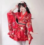 Costum Cosplay Kimono Japonez rosu cu centura - imagine 2