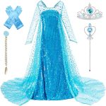 Costum fete Elsa Frozen, rochie si pelerina cu paiete, manusi, bagheta, coronita, codita impletita - imagine 4