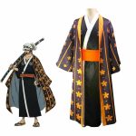 Costum Cosplay Trafalgar Law – One Piece Wano, Kimono Negru cu Haori Mov si Centura Obi