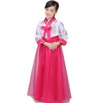 Costum fete traditional Coreean Hanbok, cu floare, roz - imagine 3