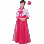 Costum fete traditional Coreean Hanbok, cu floare, roz