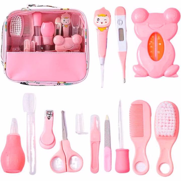 res_eb0011af632c8deddb6886f4a4e2b10a (2) Set pentru ingrijirea copilului, 13 accesorii, cu suport portabil, culoare roz - imagine 1