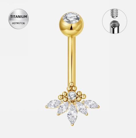 14 Piercing pentru buric din Titan ASTM F136, auriu cu cristale zirconia , model floare elegantă - imagine 1