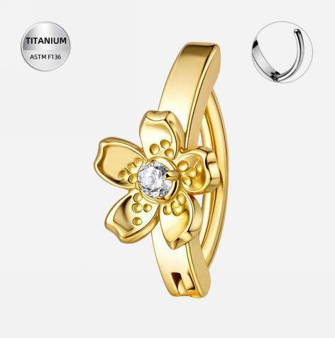 17 Piercing buric tip inel din Titan ASTM F136, auriu cu floare și cristal zirconia - imagine 1