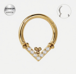 Piercing tip inel din Titan ASTM F136, auriu cu cristale zirconia ,model V elegant