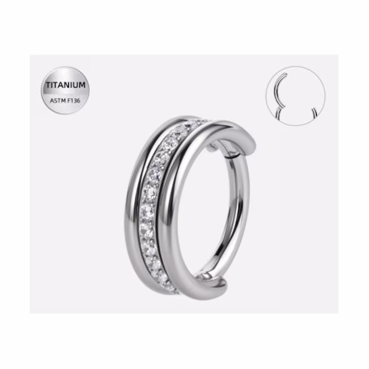 413 (1) Piercing inel din titan, argintiu, 1.2x8mm, cu cristale transparente - imagine 1
