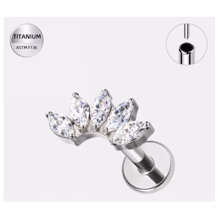 513 (1) Piercing Labret Titan ASTM F136, Argintiu, 1.2×8 mm, Design Elegant cu Cristale Marquise - imagine 1