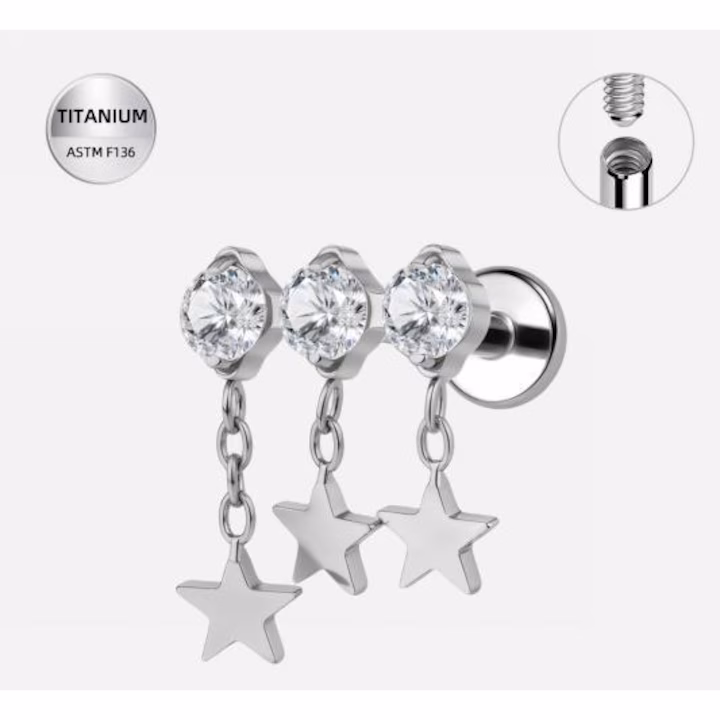 514 (1) Piercing labret din titan argintiu cu cristale zirconiu și pandantive stea, 1.2×6 mm - imagine 1