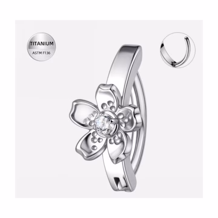 517 (1) Piercing buric inel din titan, argintiu, floare cu cristal zirconia, 1.6×10 mm - imagine 1