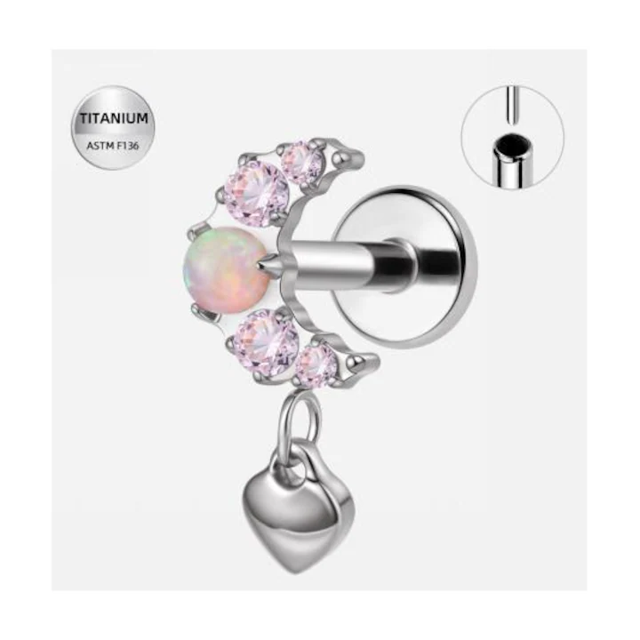 530 (1) Piercing labret argintiu din titan cu semiluna, cristale roz si opal-1.2×6 mm - imagine 1