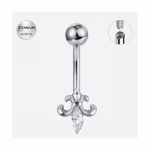 Piercing buric auriu din titan cu fleur-de-lis si cristal marquise- 1.6×10 mm