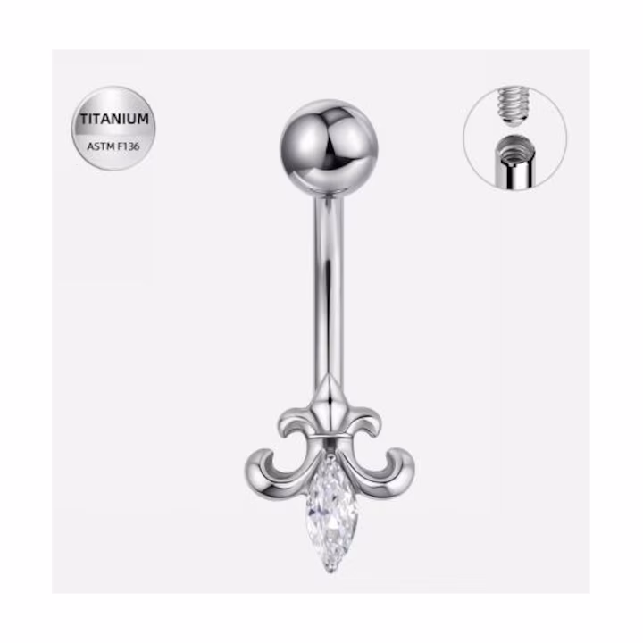 541 (1) Piercing buric auriu din titan cu fleur-de-lis si cristal marquise- 1.6×10 mm - imagine 1