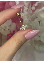 Piercing buric auriu din titan cu fleur-de-lis si cristal marquise- 1.6×10 mm - imagine 2