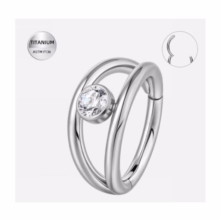 554 (1) Piercing ureche titan ASTM F136 placat argintiu, inel cu zirconiu stralucitor-1.2×8 mm - imagine 1