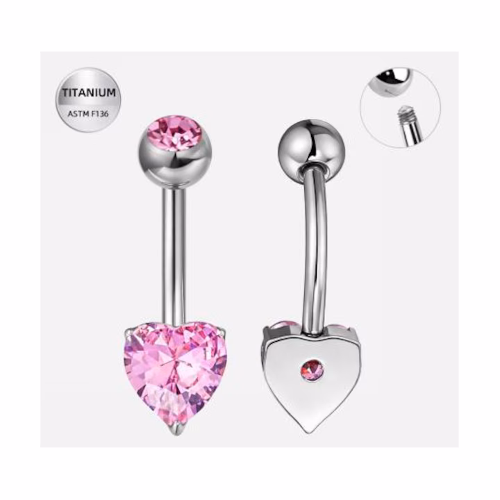 600 (1) Piercing buric argintiu din titan cu inima din cristal roz– 1.6 × 10 mm - imagine 1