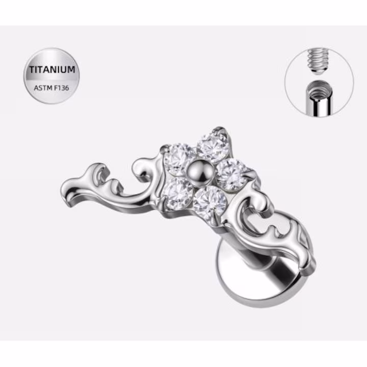 604 (1) Piercing labret din Titan, argintiu, cu zirconii florale, filet intern, 1.2mm x 8mm - imagine 1