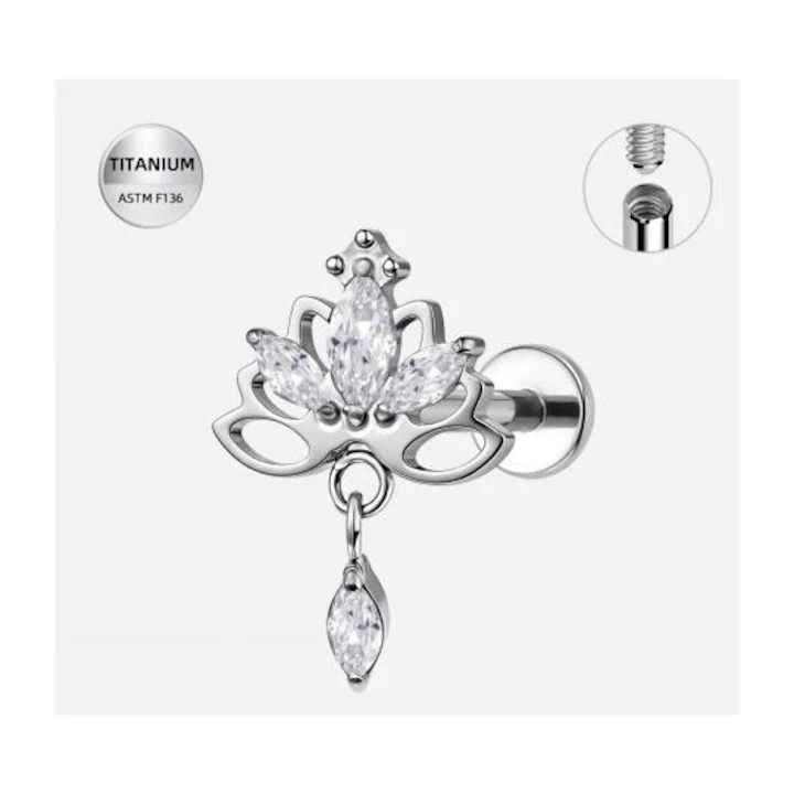 609 (1) Piercing Labret din Titan ASTM F136 Argintiu cu Cristale Marquise si Pandantiv, Design Regal Elegant-1.2×8 mm - imagine 1