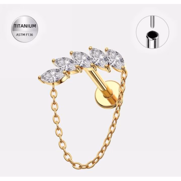 E101 Piercing Labret Titan ASTM F136 Auriu cu 5 Pietre Marquise Clear & Lantisor – 1.2 × 8 mm - imagine 1