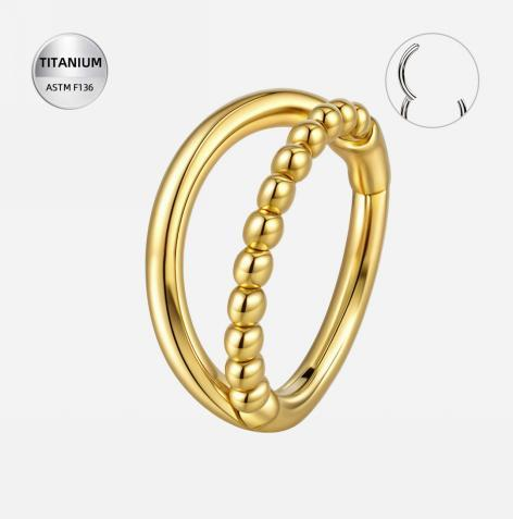 E17 Piercing tip inel din Titan ASTM F136, placat auriu, model dublu cu biluțe decorative - imagine 1