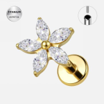 Piercing ureche din titan ASTM F136 placat auriu cu cristale zirconia – model floare