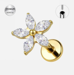 Piercing ureche din titan ASTM F136 placat auriu cu cristale zirconia – model floare