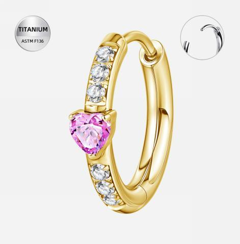 E60 Piercing tip inel din Titan ASTM F136 placat auriu, cu cristale zirconia și inimă roz - imagine 1