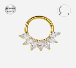 Piercing tip inel (clicker) din Titan ASTM F136, placat auriu, cu zirconii marquise – design elegant tip evantai